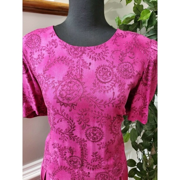 Vintage Sag Harbor Fuschia 100% Rayon Short Sleeve Round Neck Long Maxi Dress 8 - Picture 5 of 12